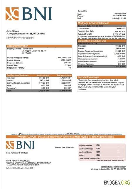 Modèle Word et PDF de relevé hypothécaire de la Indonesia Bank Negara Indonesia (BNI)